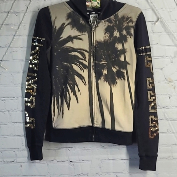 2014 RARE Victoria's Secret PINK Palm Tree Sequin Logo Spellout Hoodie Size XS - Picture 9 of 17
